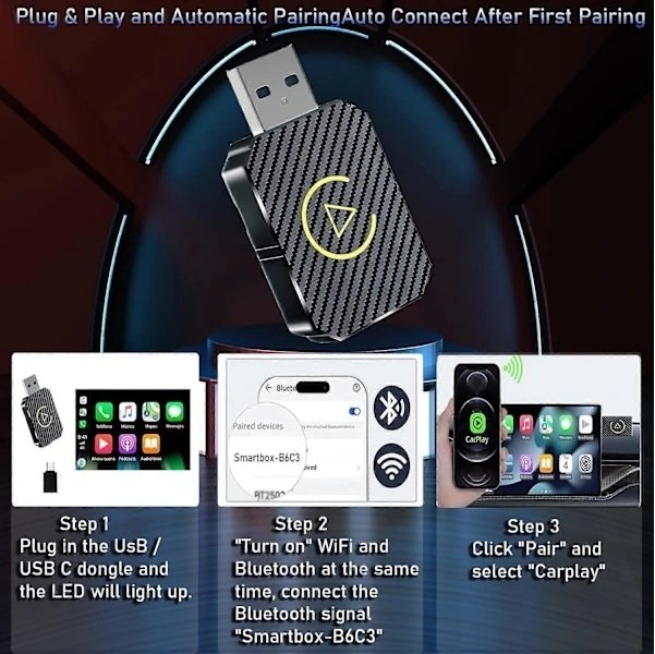 2025 Trådlös CarPlay-adapter – Uppgraderad, Trådlös CarPlay-dongel, Konverterar Trådbunden CarPlay till Trådlös, Plug and Play Trådlös CarPlay-adapter 2025 Trådlös CarPlay-adapter – Uppgraderad, Trådlös CarPlay-dongel, Konverterar Trådbunden CarPlay till Trådlös, Plug and Play Trådlös CarPlay-adapter